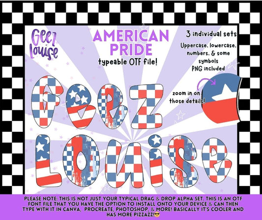 American Pride OTF Font & PNG Alpha Set | Patriotic Checkered Letters | Typeable Font for Canva, Photoshop & Procreate