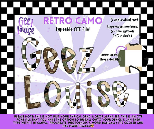 Retro Camo OTF Font + PNG Alpha Set | Typeable Camo Font | Uppercase, Numbers & Symbols