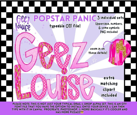 Popstar Panic OTF Alpha Set + Matching Clipart Extras | Pink Trendy Font PNG Bundle