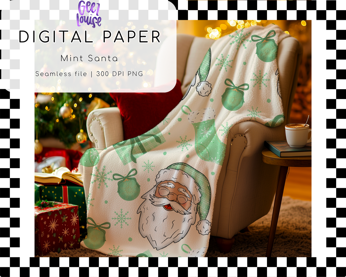 Mint Santa Seamless Pattern | Mint Green Christmas PNG Digital Paper