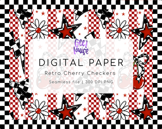 Retro Cherry Checkers Seamless Pattern | Rockabilly Cherry Digital Paper PNG