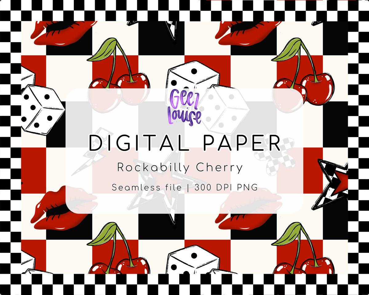 Rockabilly Cherry Seamless Pattern | Retro Cherry Checkerboard Digital Paper PNG