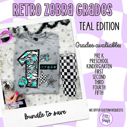 Retro Zebra Teal School Grade PNG Bundle | Pre-K through 5th Grade Digital Design