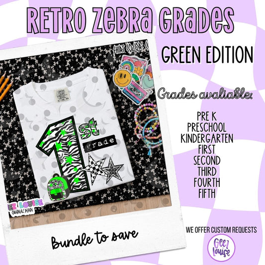Retro Zebra Green School Grade PNG Bundle | Pre-K through 5th Grade Digital Design