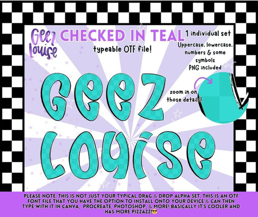 Checked in Teal OTF Font | Typeable Checker Alpha | Teal Aesthetic Font + PNG Set | Commercial Use
