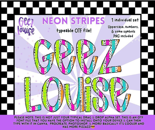 Neon Stripes OTF Font & PNG Alpha | Typeable Font | Individual Alphabet | July 26 Alpha & Combo Drive | Digital Download