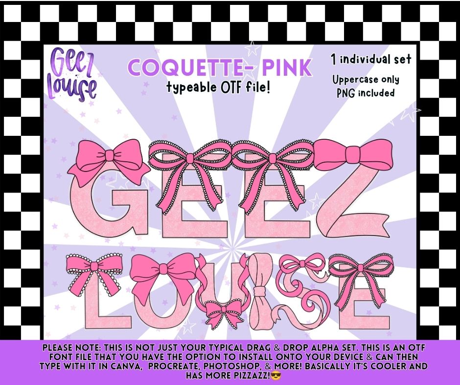 Coquette Pink Bow Font OTF | Girly Ribbon Alphabet PNG | Cute Coquette Typography