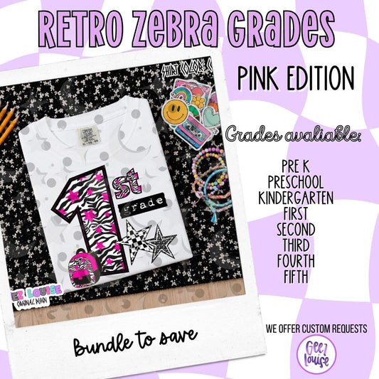Retro Zebra pink School Grade PNG Bundle | Pre-K through 5th Grade Digital Design