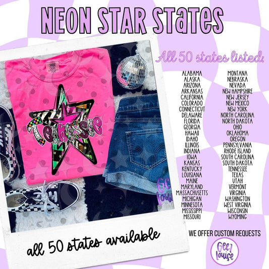 Neon Star State Design Bundle | All 50 States | Individual & Bundle PNG Digital Download | August 26 Design Drive