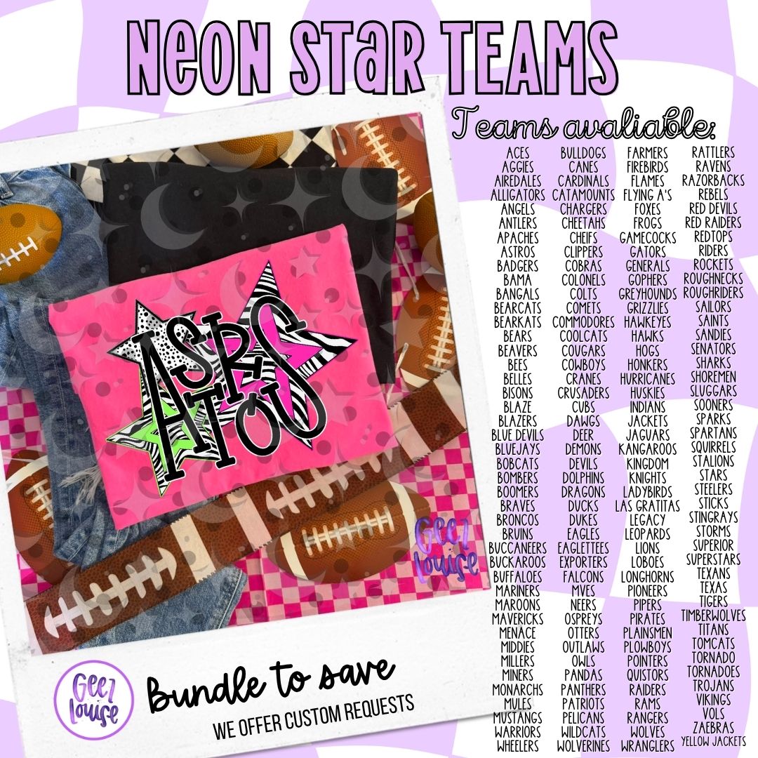 Neon Star Team Mascot Bundle | Individual & Bundle PNG Digital Download | August 26 Design Drive