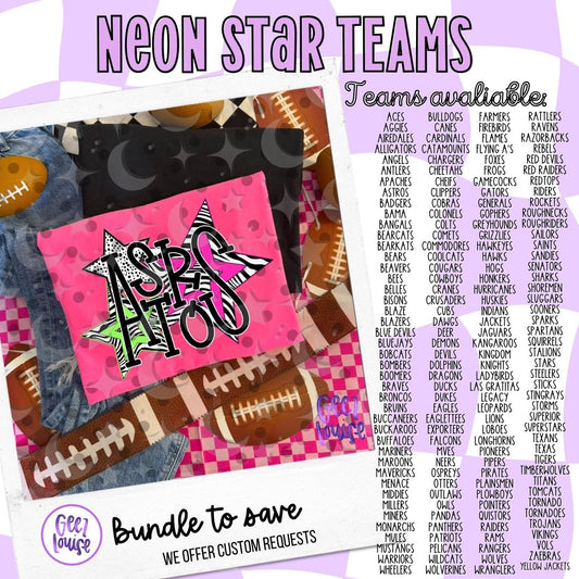 Neon Star Team Mascot Bundle | Individual & Bundle PNG Digital Download | August 26 Design Drive