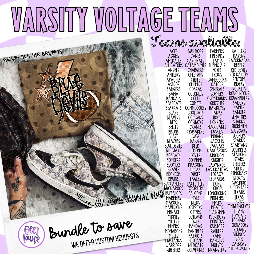 Varsity Voltage Team PNG Bundle | Mascot Spirit Designs + Custom Team Option | Football, Cheer & School Graphics