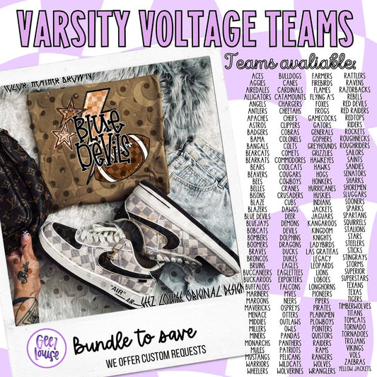 Varsity Voltage Team PNG Bundle | Mascot Spirit Designs + Custom Team Option | Football, Cheer & School Graphics