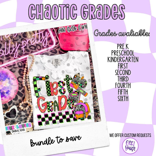 Chaotic Grades Back to School Digital Design | Pre-K–6th Grade PNG | Colorful School Shirt Design