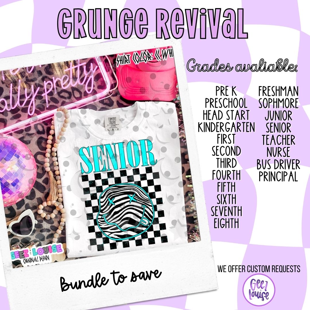 Grunge Revival School & Staff PNG Bundle | Grades Pre-K–Senior + Teacher, Nurse, Bus Driver & More | Retro Checkered Smiley Design