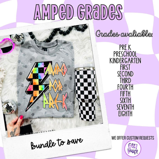 Amped for Back to School PNG | Grade Level Shirt Design | Pre-K–8th | Retro Rock Lightning Design