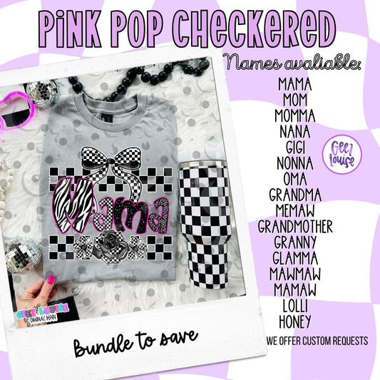 Pink Pop Checkered Mama & Grandma PNG | Custom Name Option | Checkered Bow Coquette Design | Digital Download Bundle Available