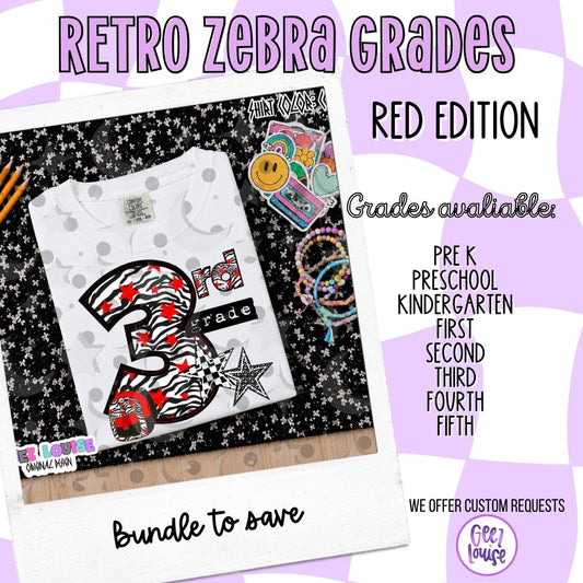 Retro Zebra red School Grade PNG Bundle | Pre-K through 5th Grade Digital Design