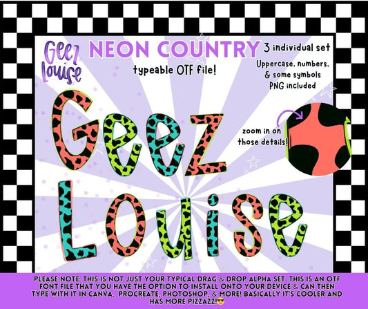 Neon Country OTF Font + PNG Alpha Set | Typeable Leopard Font | Uppercase, Numbers & Symbols