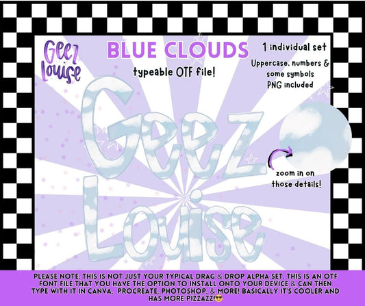 Blue Clouds OTF Font | Typeable Alpha Font & PNG Extras Bundle