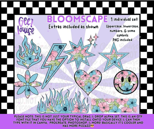 Bloomscape OTF Alpha Set + Matching Floral Clipart Extras | Typeable PNG Font Bundle