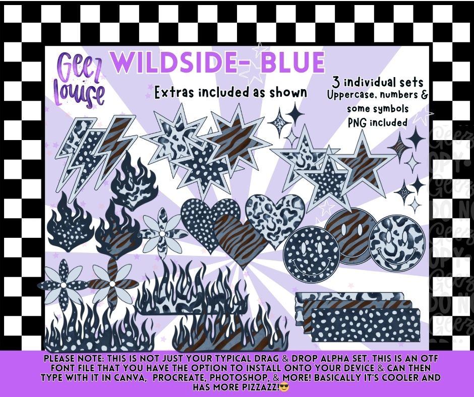 Wildside Blue OTF Font Bundle | Typeable Alpha Font with Extras & PNGs
