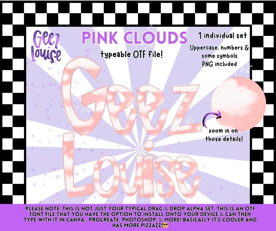 Pink Clouds OTF Font | Typeable Alpha Font & PNG Extras Bundle