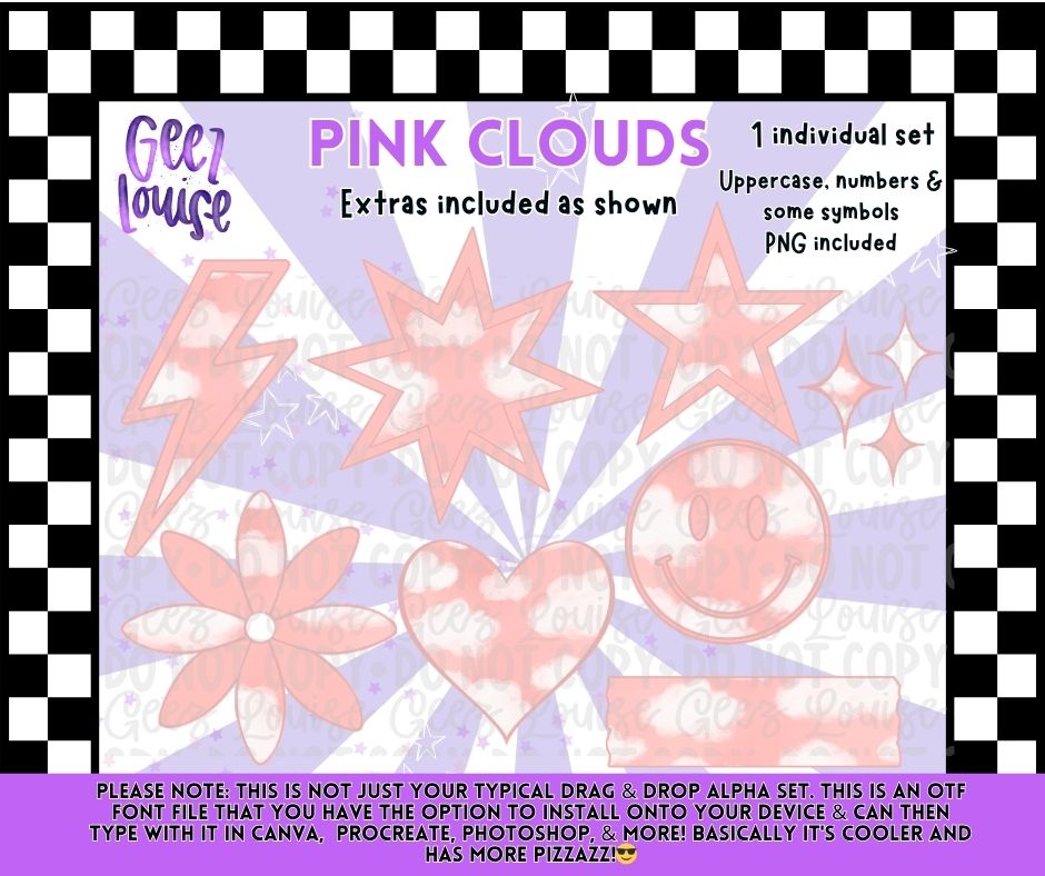 Pink Clouds OTF Font | Typeable Alpha Font & PNG Extras Bundle
