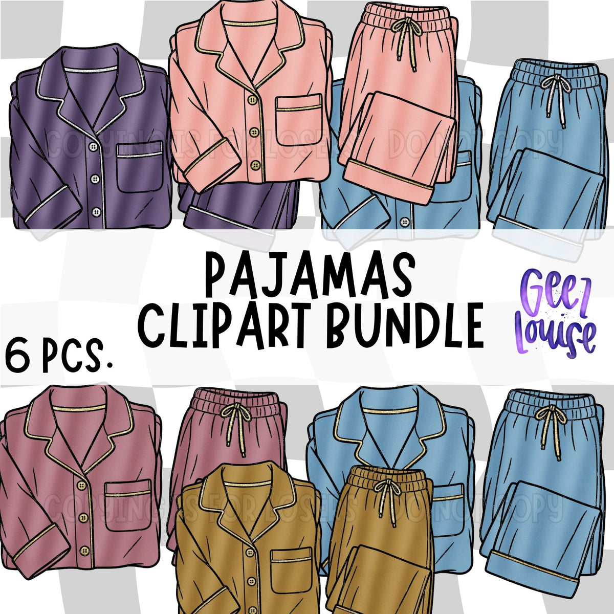 Pajamas Clipart Bundle PNG | 6 Retro Pajama Tops & Pants