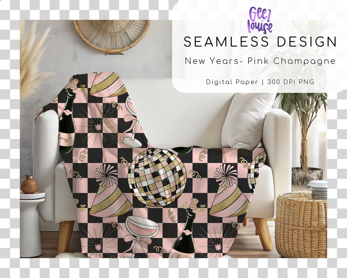 New Years Seamless Pattern | Retro Disco & Champagne Digital Paper PNG