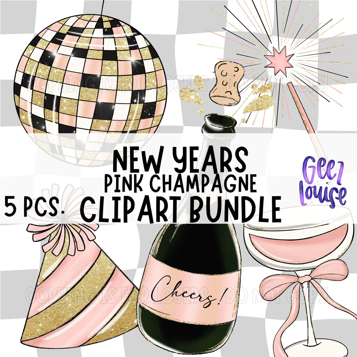 New Years Pink Champagne Clipart Bundle | 5 Pink & Gold PNG Graphics