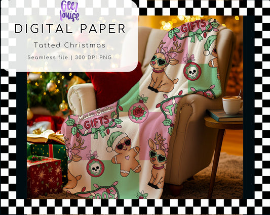 Tatted Christmas Seamless Pattern | Pink Green Christmas PNG Digital Paper