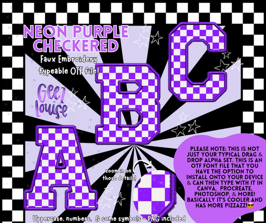 Neon purple checkered faux embroidery - TYPEABLE OTF Font - Alpha Set - Digital Download- PNG