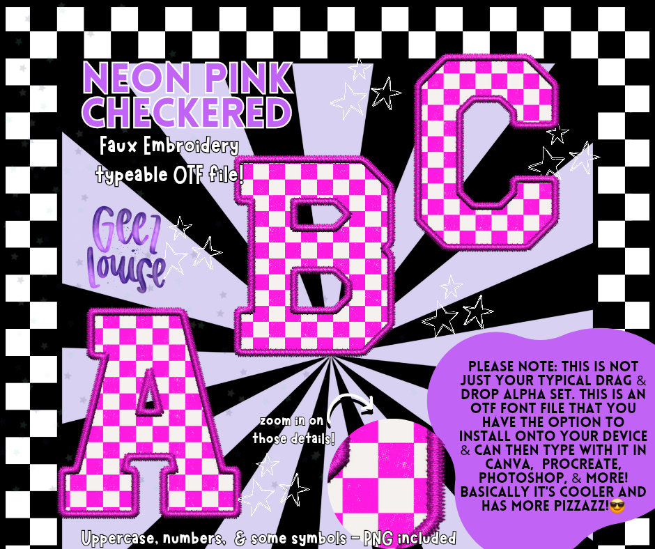 Neon pink checkered faux embroidery - TYPEABLE OTF Font - Alpha Set - Digital Download- PNG