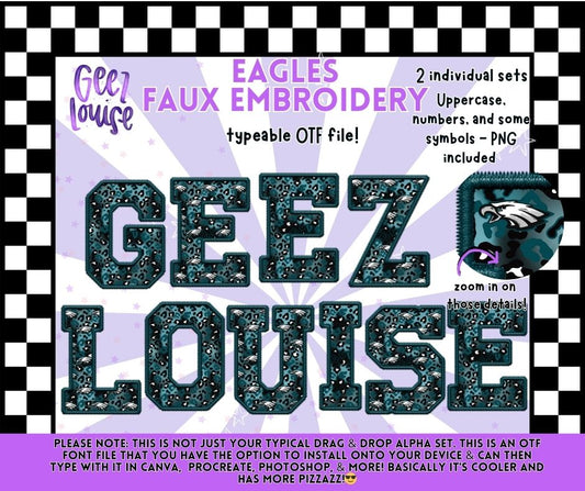 Eagles Faux Embroidery Typeable OTF Alpha Font + PNG Sets