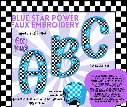 Blue Star Power Faux Embroidery OTF Alpha – Typeable Font + PNGs