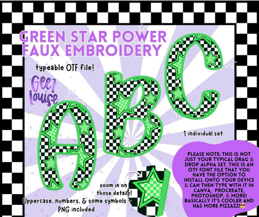 Green Star Power Faux Embroidery OTF Alpha – Typeable Font + PNGs