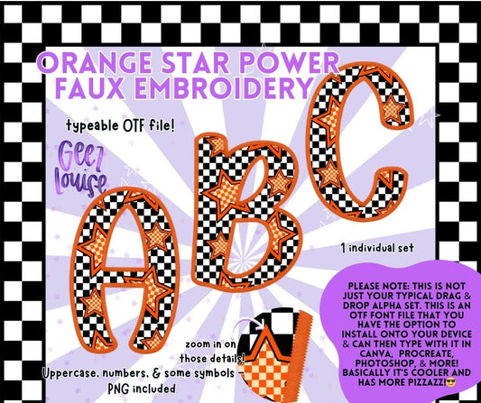 Orange Star Power Faux Embroidery OTF Alpha – Typeable Font + PNGs