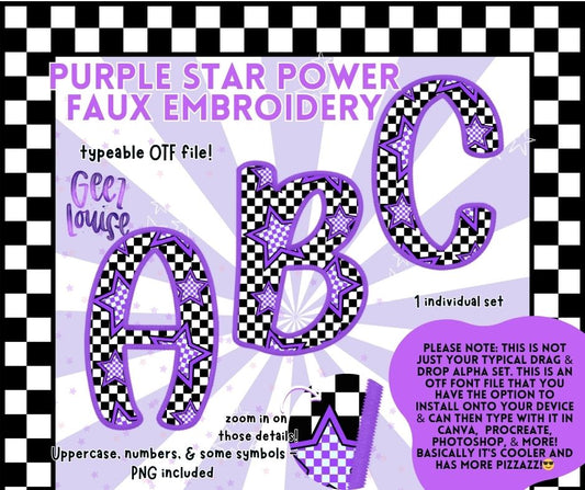 Purple Star Power Faux Embroidery OTF Alpha – Typeable Font + PNGs