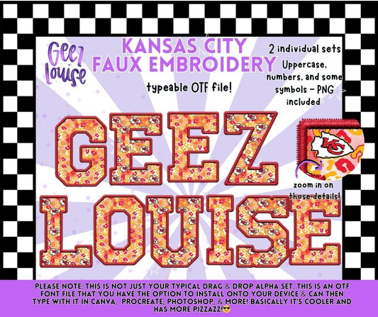 Kansas City Faux Embroidery Typeable OTF Alpha Font + PNG Sets