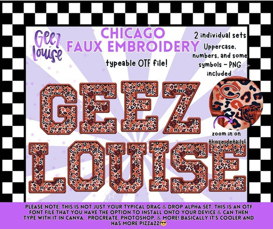 Chicago Faux Embroidery Typeable OTF Alpha Font + PNG Sets