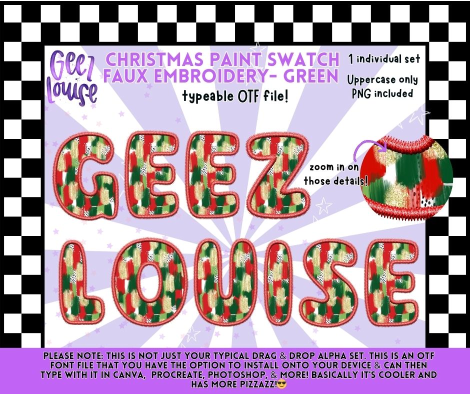 Christmas Paint Swatch Faux Embroidery Alpha – red OTF Font + PNG Set