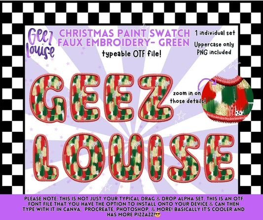 Christmas Paint Swatch Faux Embroidery Alpha – red OTF Font + PNG Set