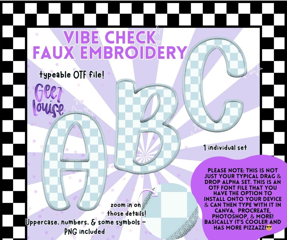 Vibe Check Faux Embroidery Alpha – Light Blue Checker OTF + PNG ...
