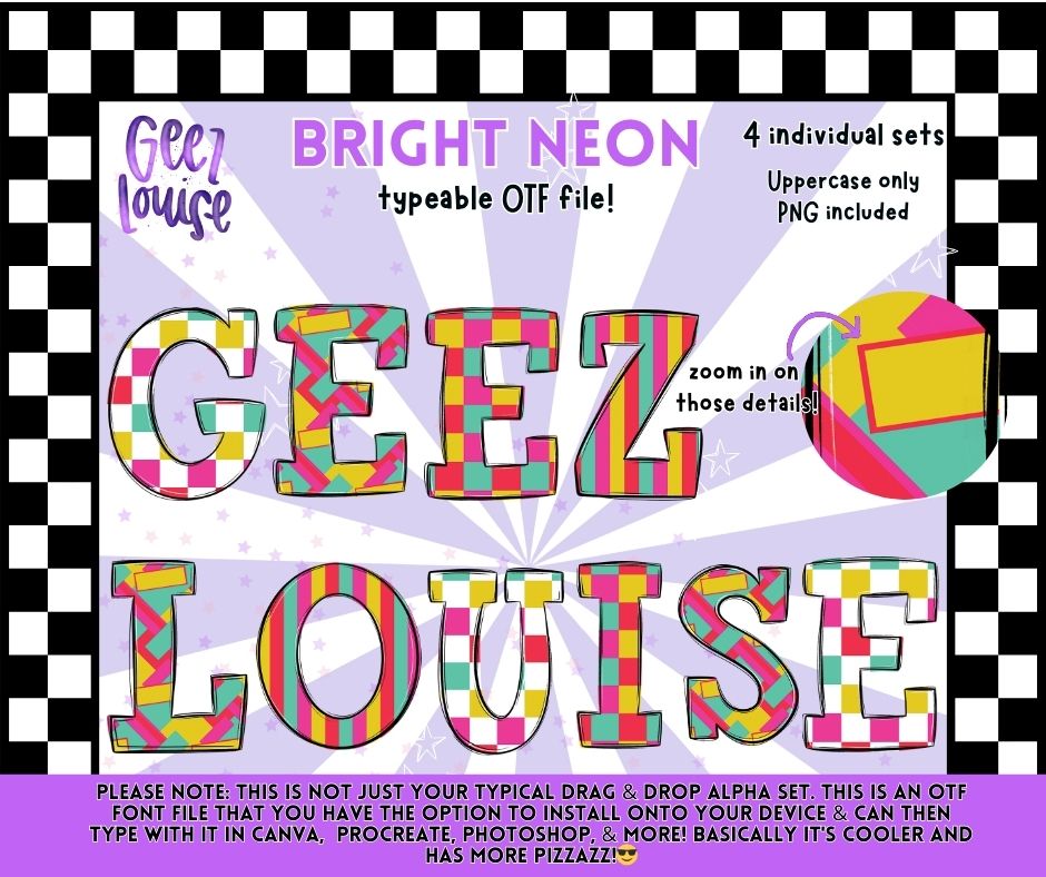 Bright Neon Typeable OTF Alpha Font + PNG Set (Uppercase)