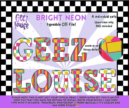 Bright Neon Typeable OTF Alpha Font + PNG Set (Uppercase)