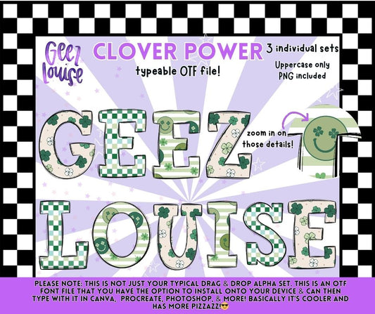 Clover Power Typeable OTF Alpha Font + PNG Set (Uppercase)