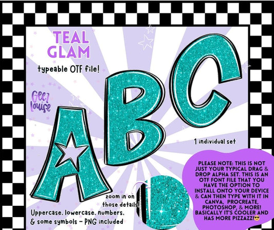 Teal Glam - OTF Font + PNG Alpha Set