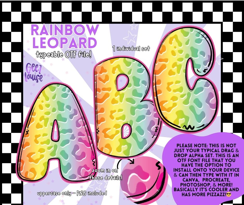 Rainbow Leopard - TYPEABLE OTF Font - Alpha Set - Digital Download- PNG