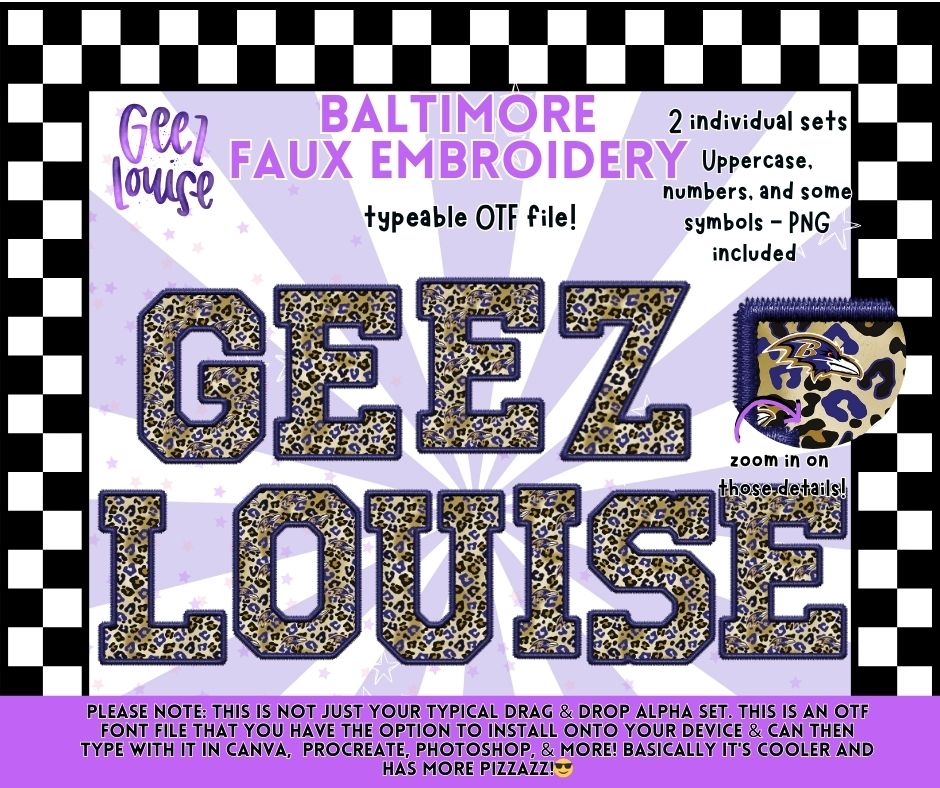 Baltimore Faux Embroidery Typeable OTF Alpha Font + PNG Sets